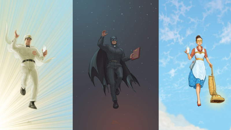 Remixed versions of Superman, Batman, and Wonder Woman from Young Animal’s Milk Wars event.